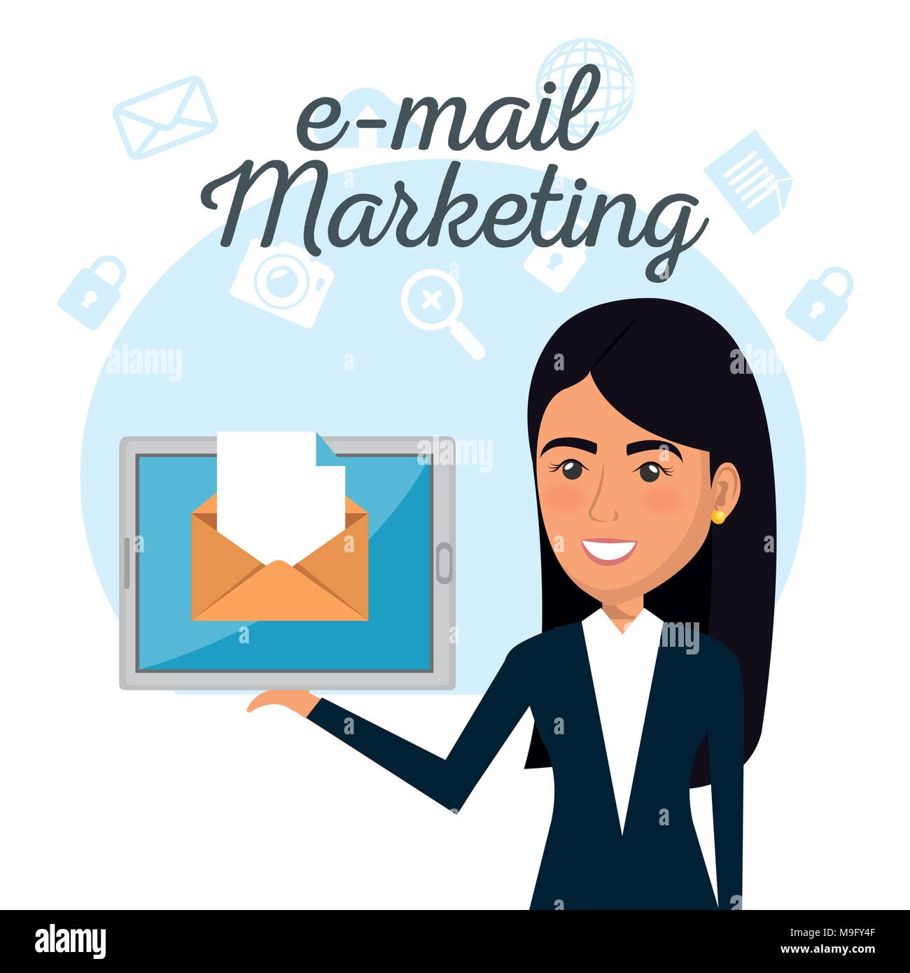 Geschäftsfrau mit e-mail marketing Symbole Stock Vektor