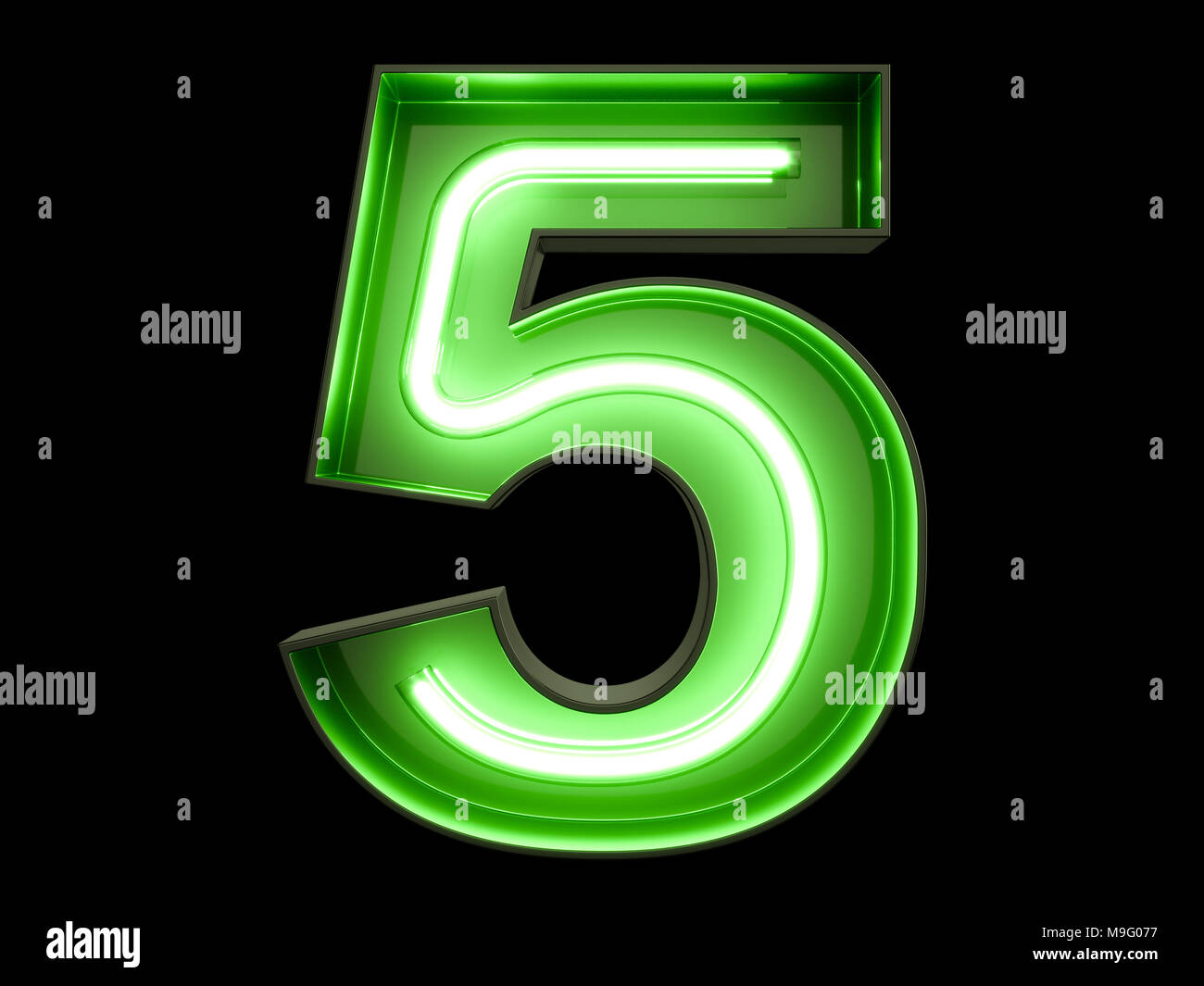 Neon Grün leuchtende Ziffer Alphabet Zeichen 5 fünf Font. Ansicht von