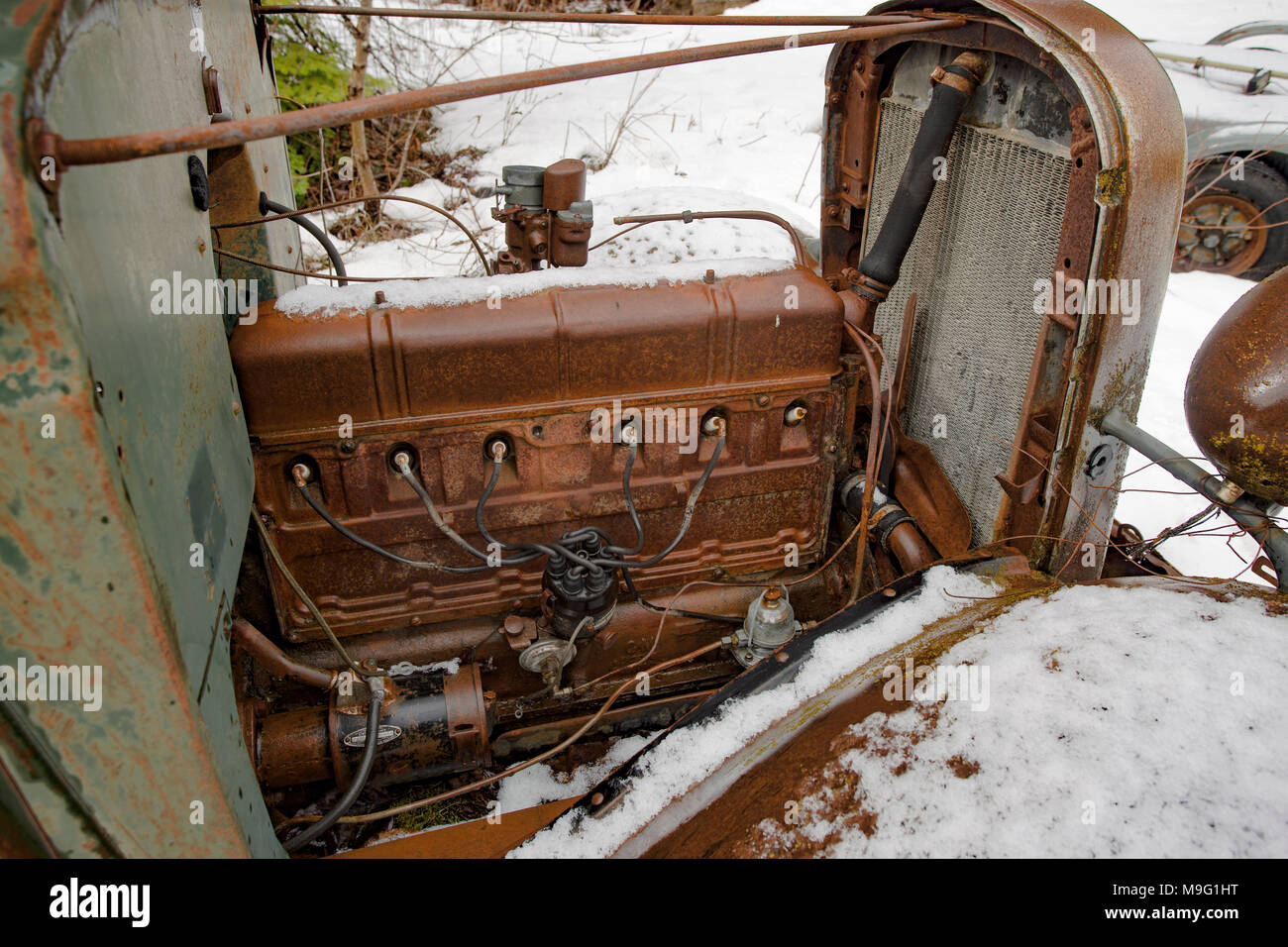 Ein Inline 6 Zylinder 181 - cubic-inch (3,0 Liter) Benzin Motor, wie über die Beifahrerseite gesehen, in einem 1936 Chevy 1 1/2 Tonner. Stockfoto