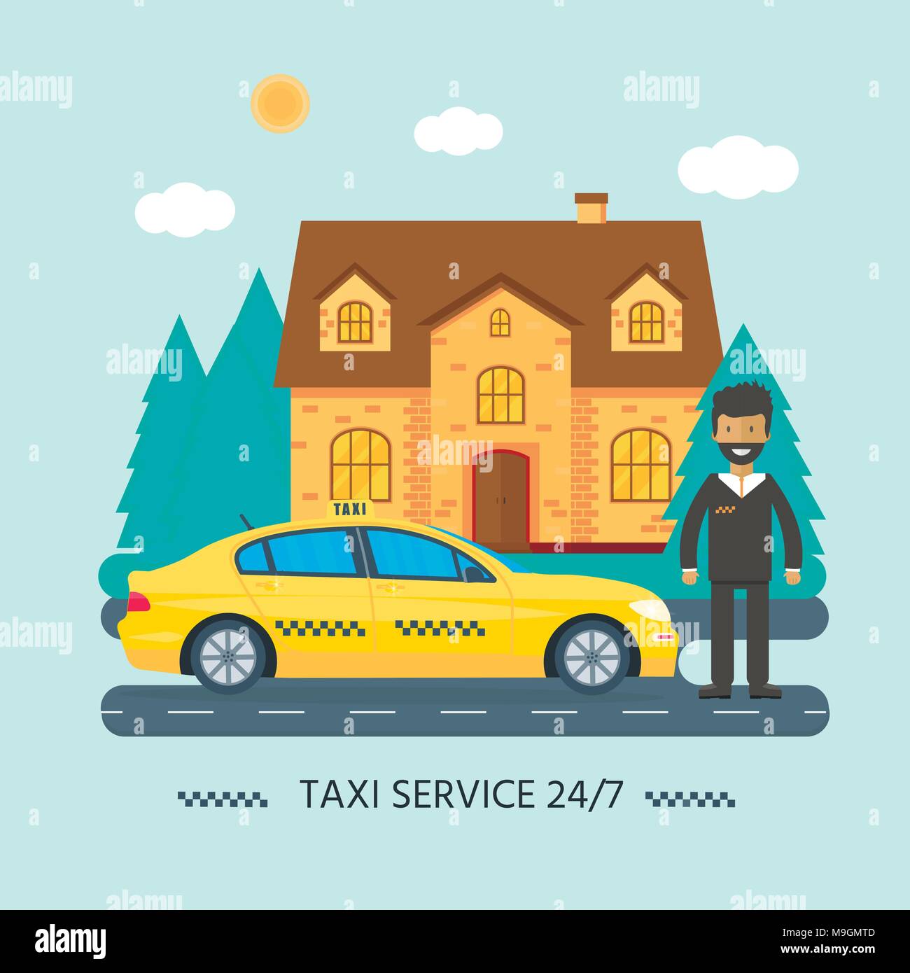 Maschine gelbes Taxi mit Fahrer und House. Öffentliches Taxi Service Konzept. Flache Vector Illustration. Stock Vektor