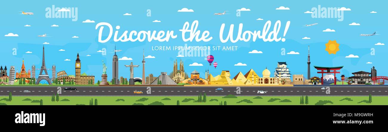 Entdecken Sie die Welt Plakat mit berühmten Sehenswürdigkeiten Stock Vektor
