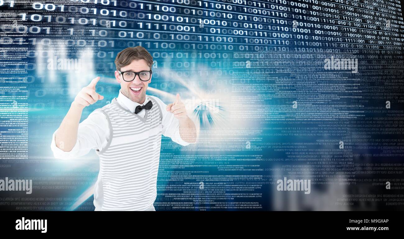 Geek mit digitaler Technologie Schnittstelle Stockfoto