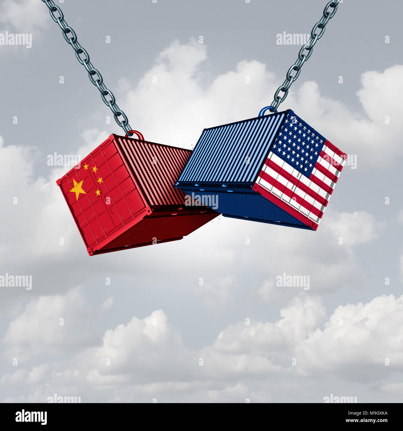 China USA Handelskrieg und Amerikanischen Tarife als zwei entgegengesetzte Ladung Containern in Konflikt als wirtschaftliche Streit über Import und Export. Stockfoto
