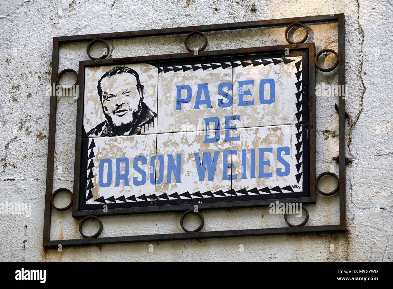 Straßenschild, Paseo de Orson Welles, Ronda, Andalusien, Spanien Stockfoto