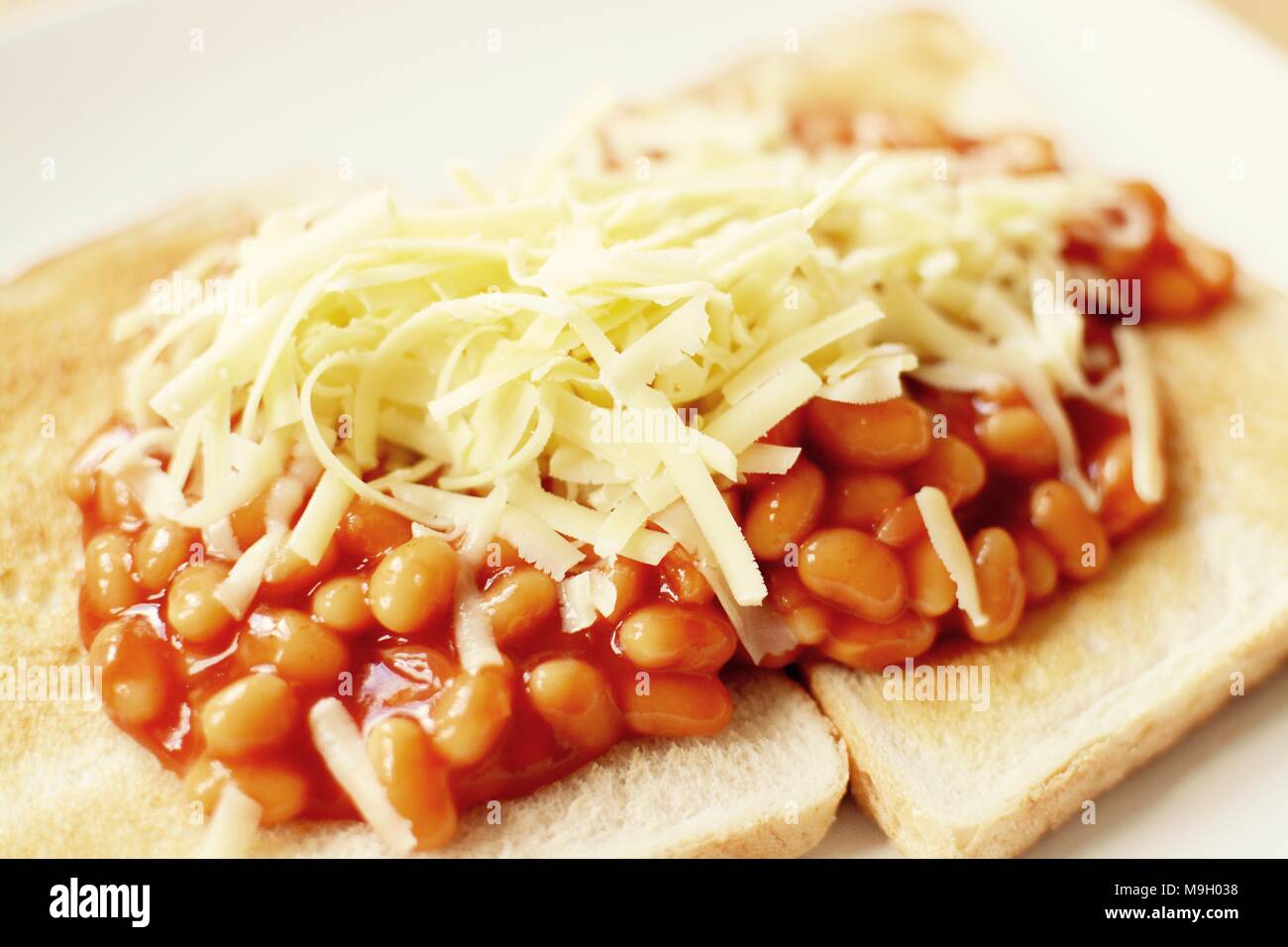 Gebackene Bohnen auf Toast überbacken mit Geriebener Cheddar-Käse Stockfoto