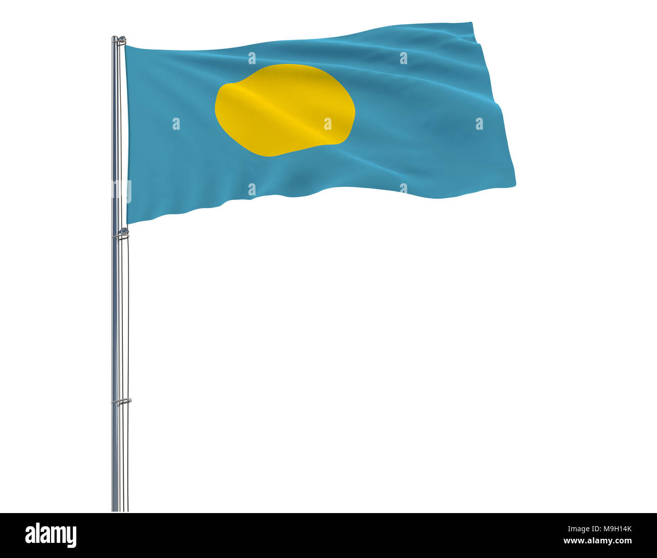 Isolieren Flagge von Palau an einem Fahnenmast im Wind flattern auf einem weißen Hintergrund, 3D-Rendering Stockfoto