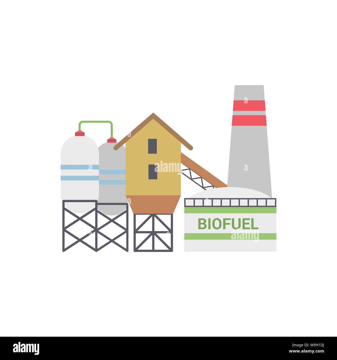 Bio Kraftstoff Energie Fabrik, Bio Fuel Kraftwerk mit Dieselaggregat. Auf weissem Hintergrund. Trendy Flat Style. Stock Vektor