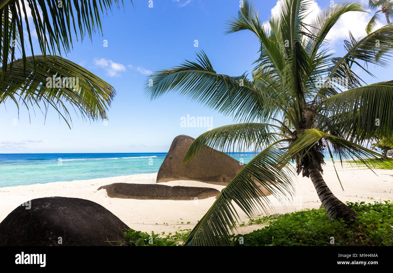 Paradise Island auf den Seychellen, Sandstrand und blauen Himmel über den Indischen Ozean Stockfoto