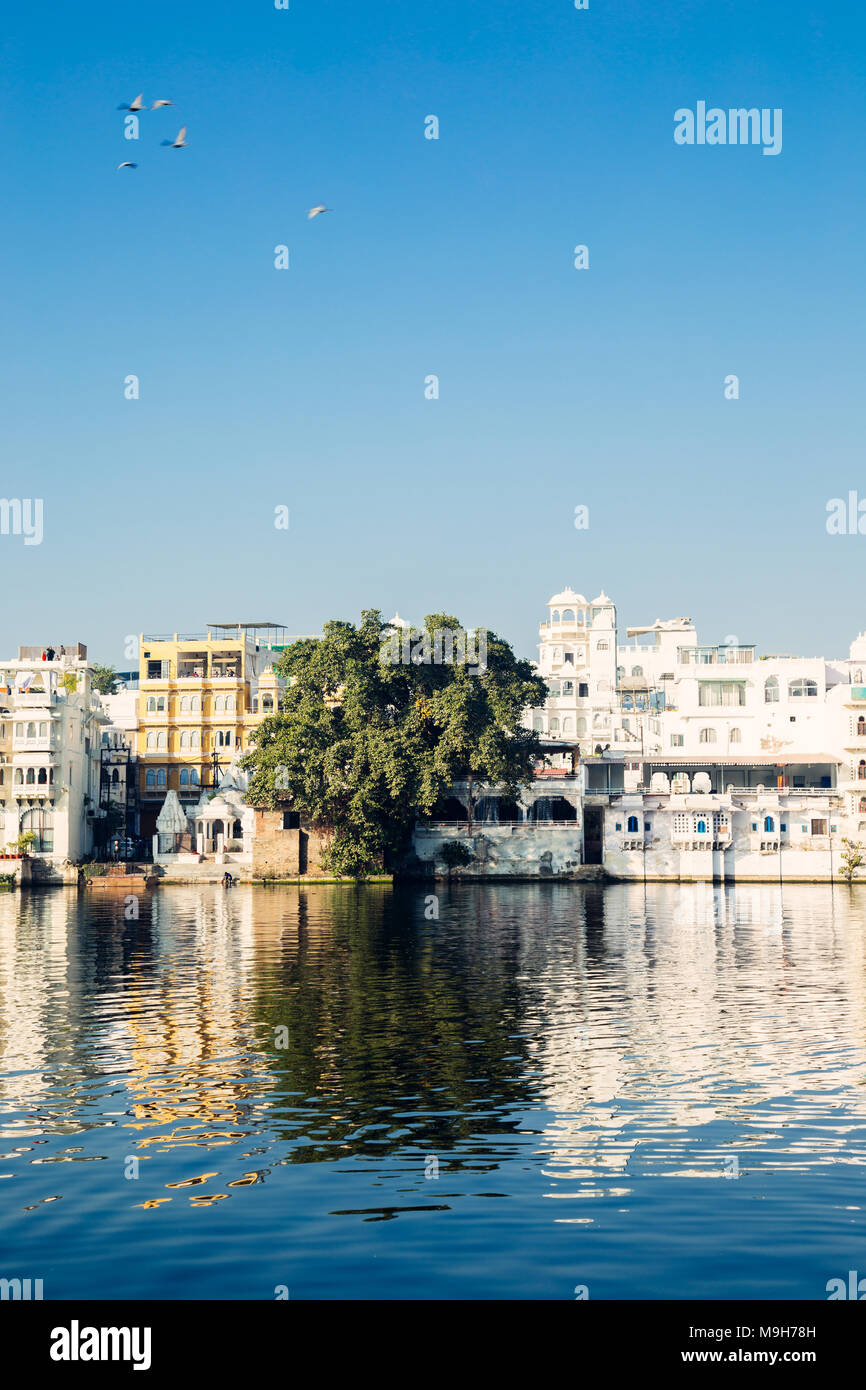 Pichola See und alten Gebäuden in Udaipur, Indien Stockfoto