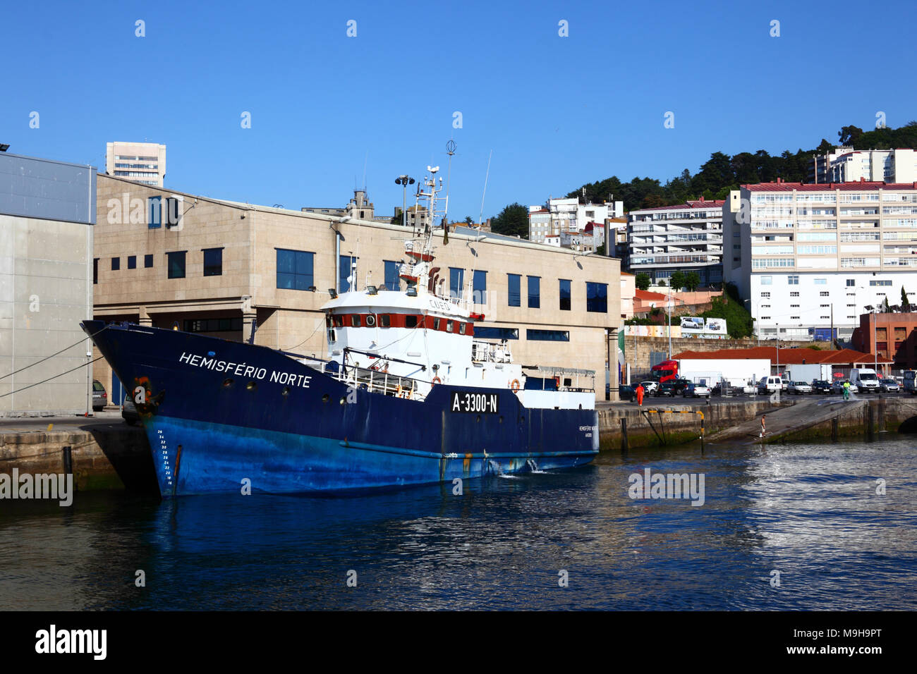 Fischerboot im Hafen Hemisfero Norte, Vigo, Galicia, Spanien Stockfoto