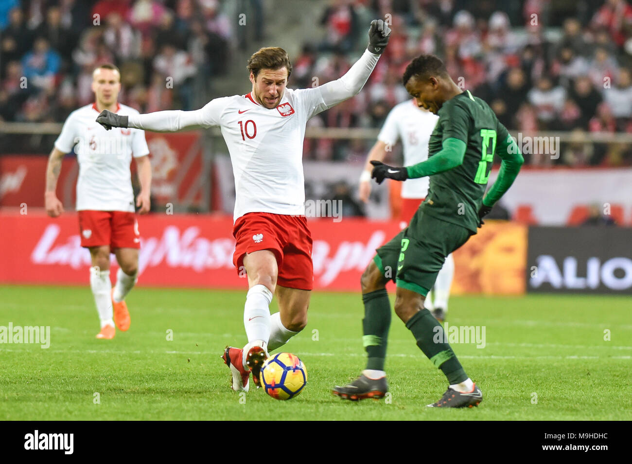WROCLAW, Polen - 23. MÄRZ 2018: Freundschaftsspiel Polen vs Nigeria mit 0:1. In aktion Grzegorz Krychowiak (10). Stockfoto