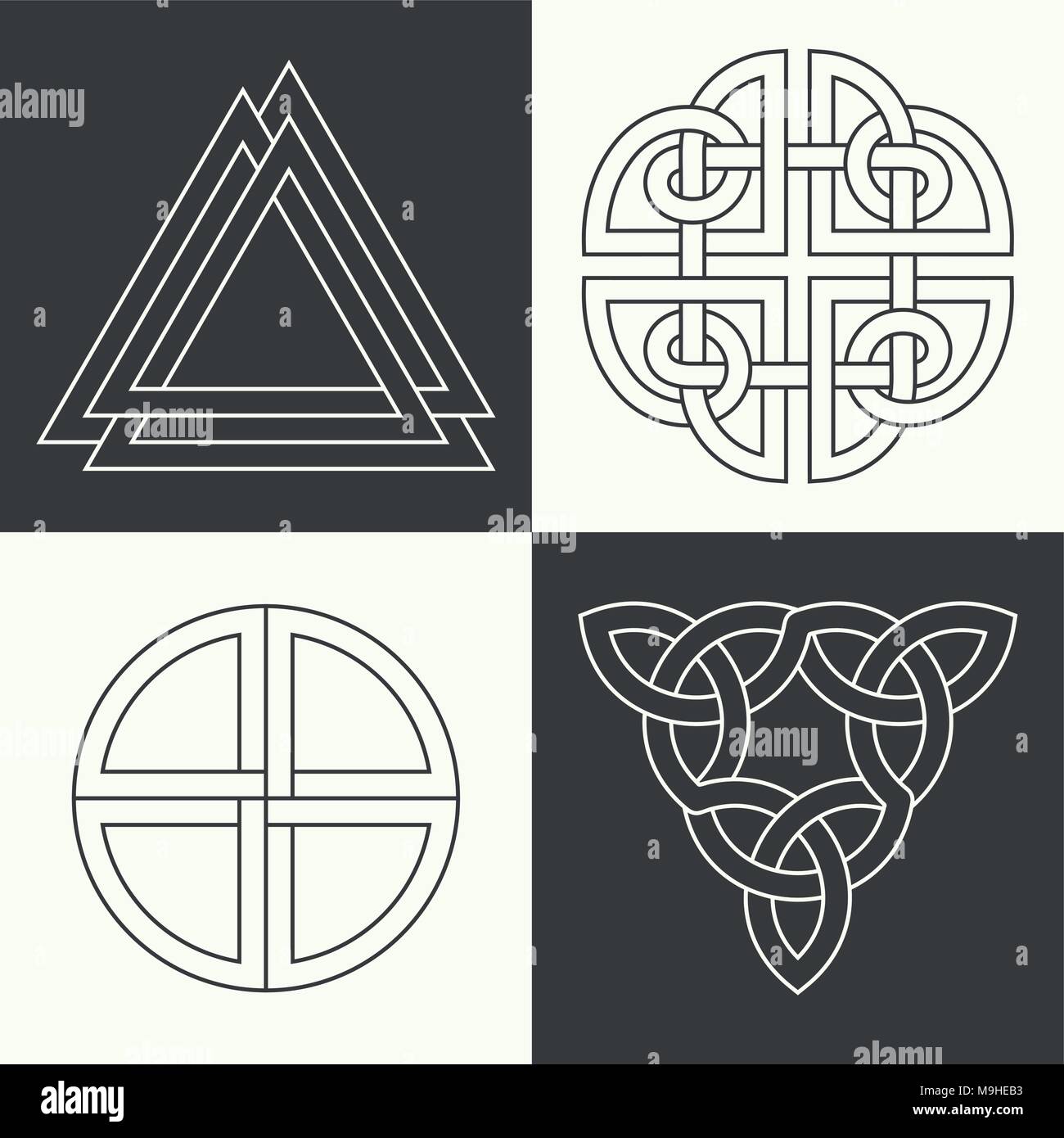 Satz der alten Symbole im linearen Stil ausgeführt. Keltische Zeichen, Knoten und interlacings. Konzept der Geheimen und Ursprung der Menschheit. Die Maskottchen und ch Stock Vektor