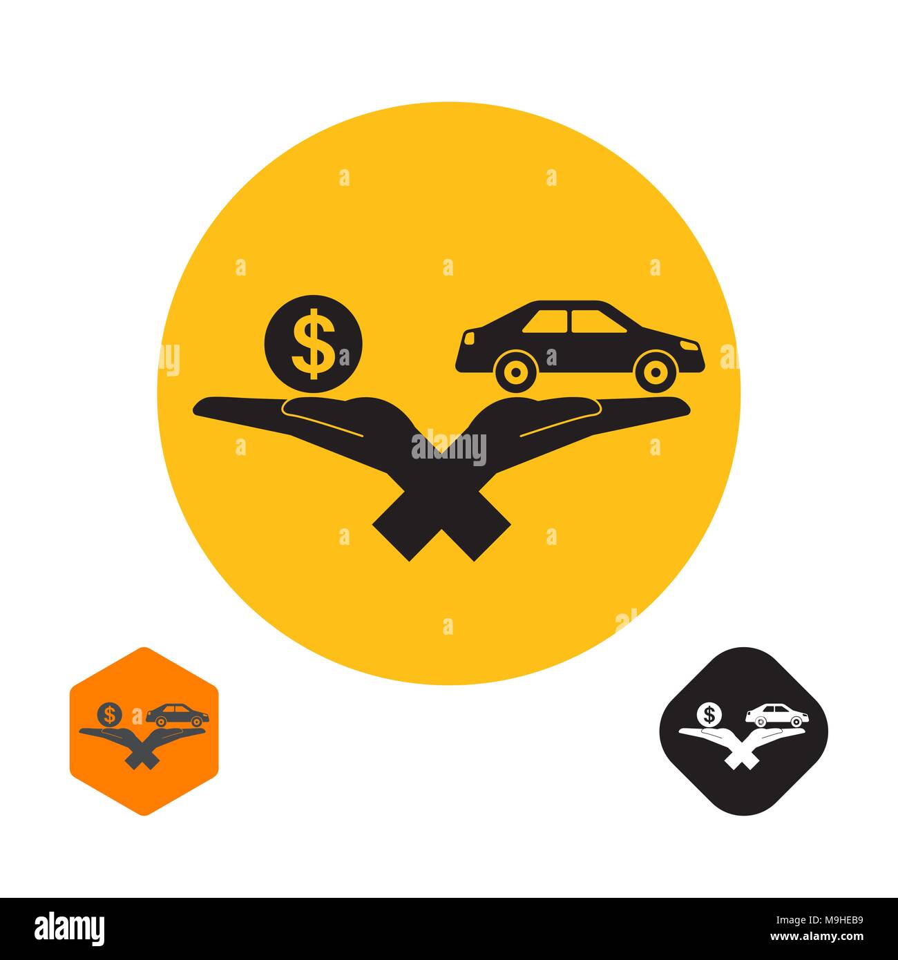 Symbol mit den gekreuzten Hände halten das Auto und ein Symbol für eine Münze Dollar. Das Konzept der ein Schnäppchen mit dem Fahrzeug. Ein Vektor Illustration in Fl Stock Vektor