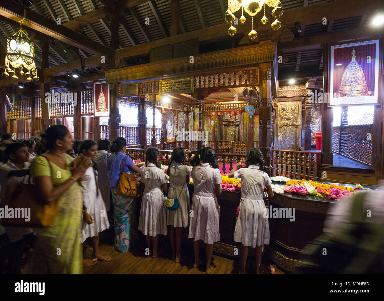 Schüler und Lehrer betend im Tempel des Zahns, Kandy, Sri Lanka, Asien. Stockfoto