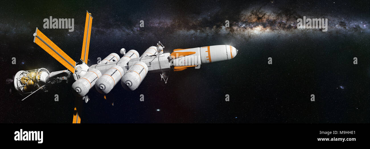 Raumschiff Mission in die Tiefen des Weltraums erleuchtet von der schönen Milchstraße (3d-science fiction Illustration Banner) Stockfoto
