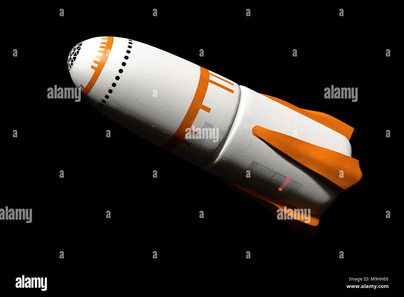 Futuristische Rakete auf schwarzem Hintergrund isoliert, moderne Raumschiff (3d-science fiction Abbildung) Stockfoto