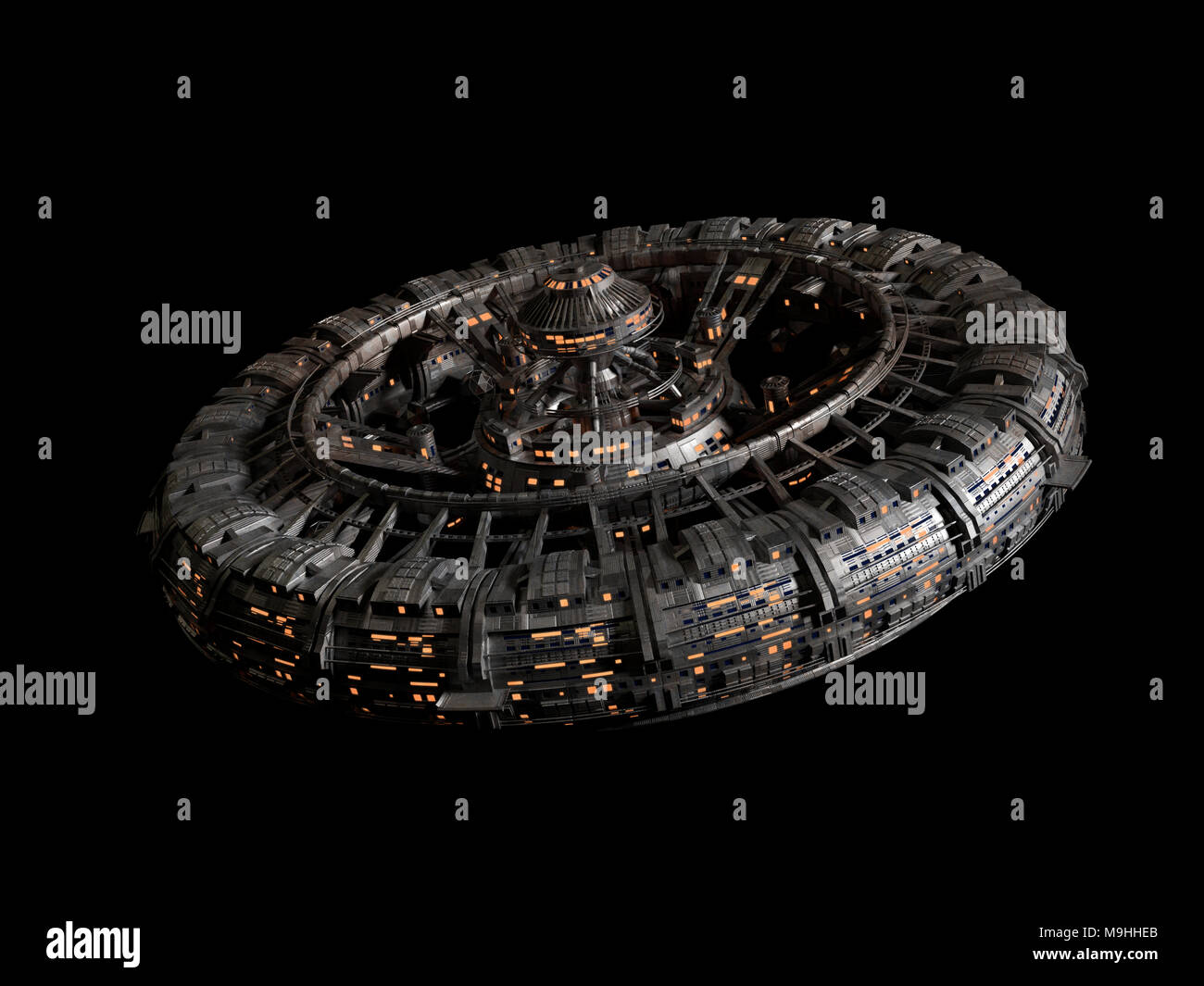 Futuristische Raumstation auf schwarzem Hintergrund isoliert, High detail Raumschiff Disc (3d-science fiction Rendering) Stockfoto