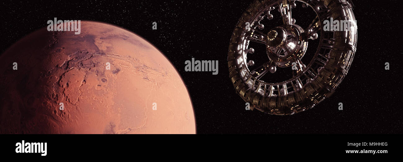 Riesige Raumstation in der Umlaufbahn des roten Planeten Mars (3d-science fiction Abbildung: Banner, Elemente dieses Bild sind von der NASA ausgestattet) Stockfoto