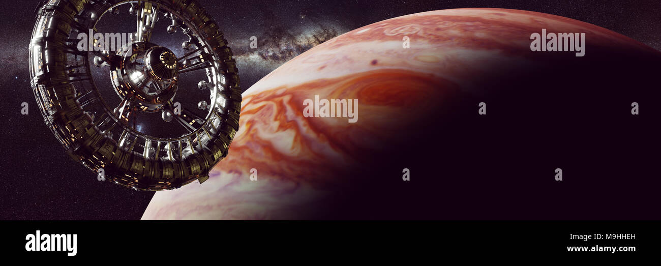 Riesige Raumstation in der Umlaufbahn des Planeten Jupiter, Raumschiff mission (3d-science fiction Abbildung: Banner, Elemente dieses Bild sind von der NASA eingerichtet Stockfoto