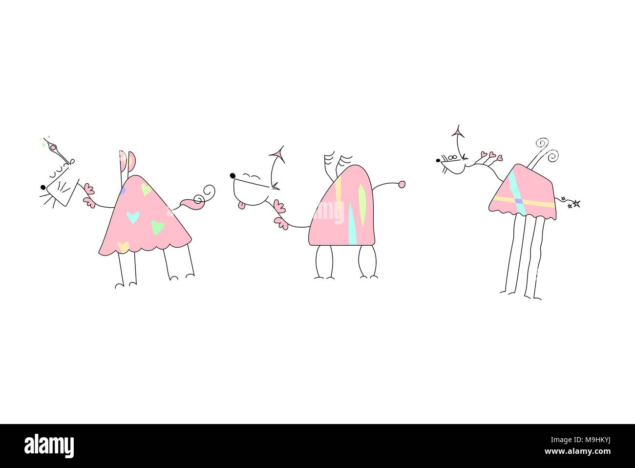 Herde von rosa Einhörnern mit Flügeln und Horn - Doodle Vector Illustration einer Hand gezeichnet Einhorn Skizze Stock Vektor