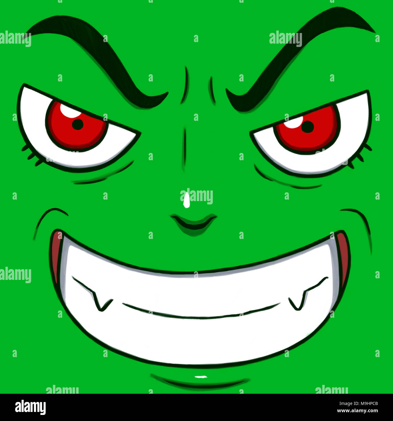 Böse lächelndes Gesicht in Grün isoliert Stockfoto