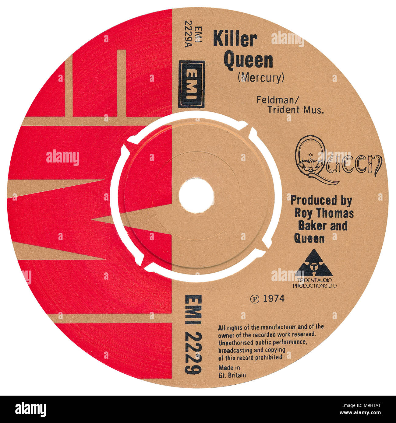 45 U/min 7" das britische Label von Killer Queen von Queen. Von Freddie Mercury geschrieben und von Roy Thomas Baker und Königin produziert. Im Oktober 1974 bei EMI Records veröffentlicht. Stockfoto