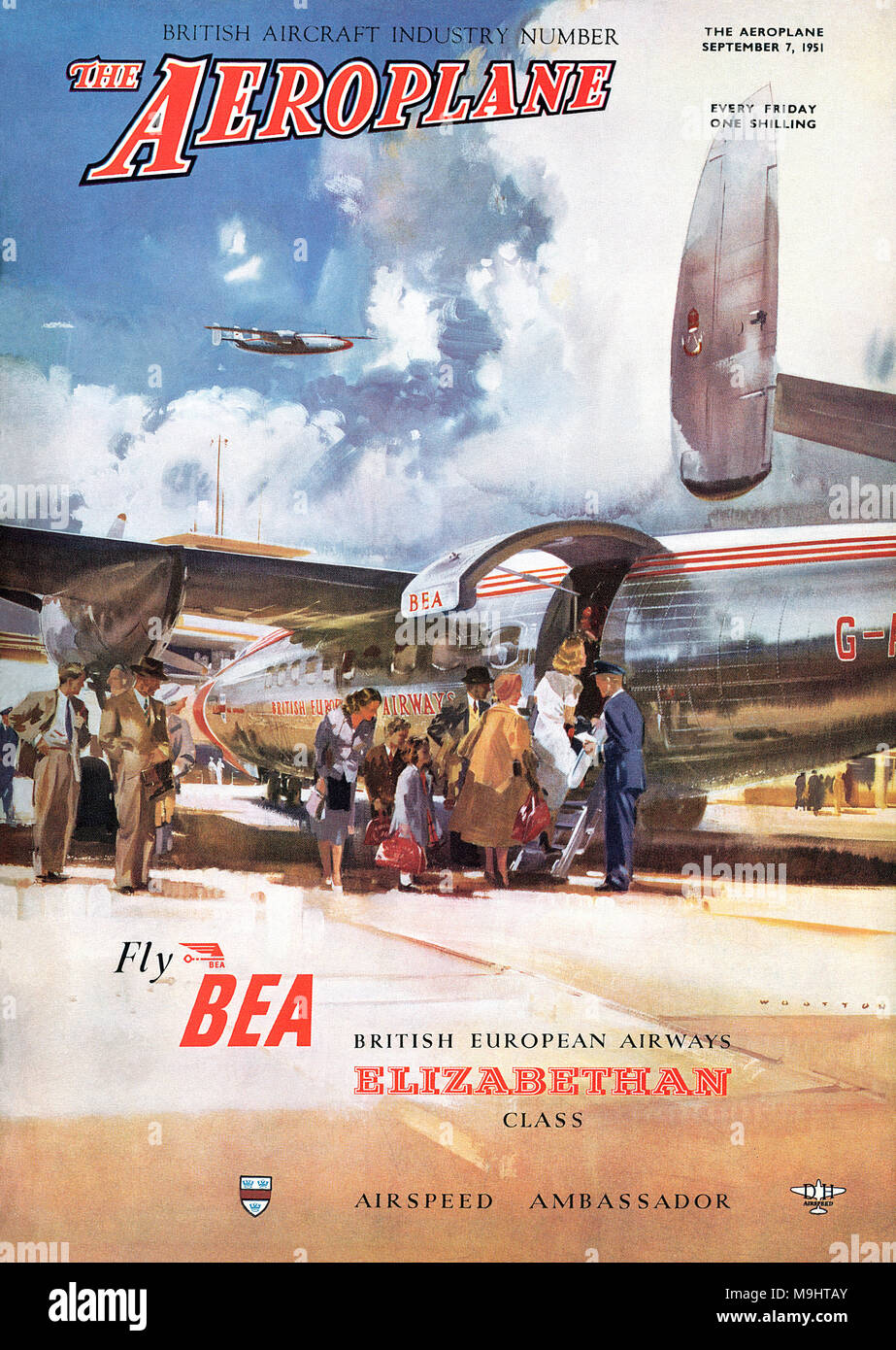 Vordere Abdeckung des 7. September Ausgabe 1951 des Flugzeuges Magazin, mit einer Werbung für B.E.A. zeigt eine Airspeed Ambassador Flugzeuge, Illustriert von Frank Wootton. Stockfoto