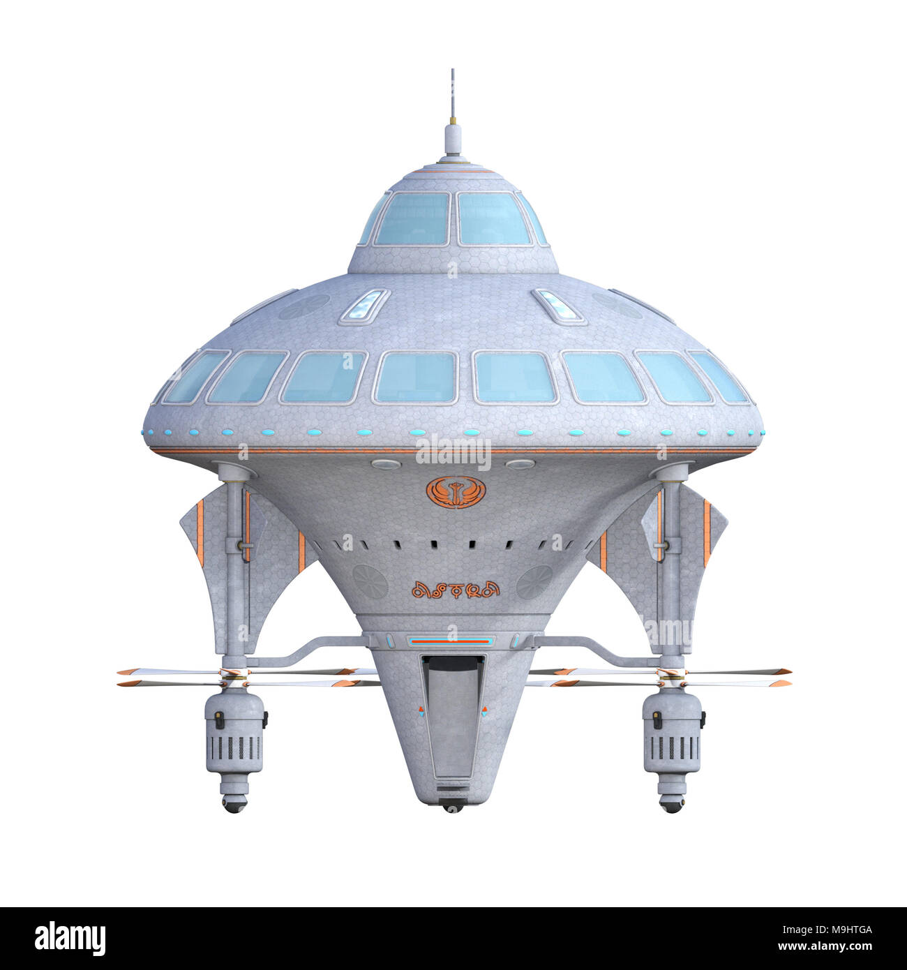 Raumschiff/UFO isoliert auf Weiss, 3D-Rendering Stockfoto