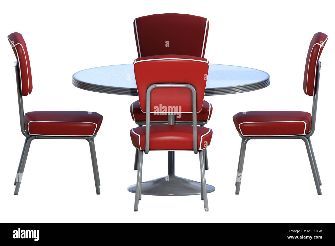 50er Retro Diner, Tisch und Stühlen auf Weiß, 3D-Render isoliert. Stockfoto