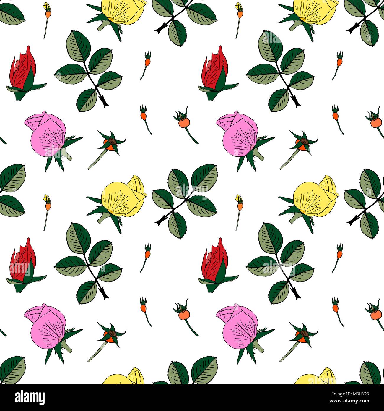 Knospen, rot, rosa und gelbe Rosen mit grünen Blättern auf weißem Hintergrund, nahtlose, sich wiederholendes Muster Stock Vektor