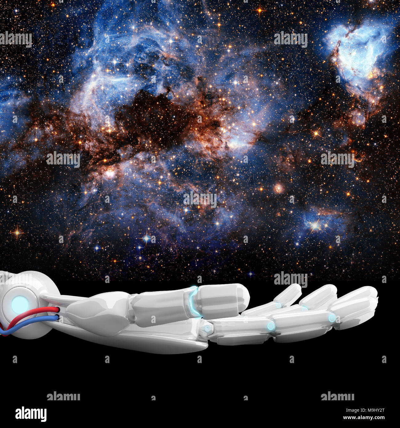 Weiß Roboterhand präsentiert galaxy Raum. 3D-Rendering Stockfoto