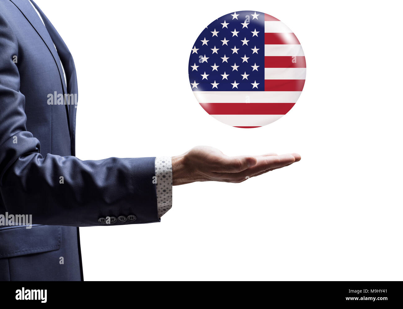 Geschäftsmann sharing Blase mit USA-Flagge. Stockfoto