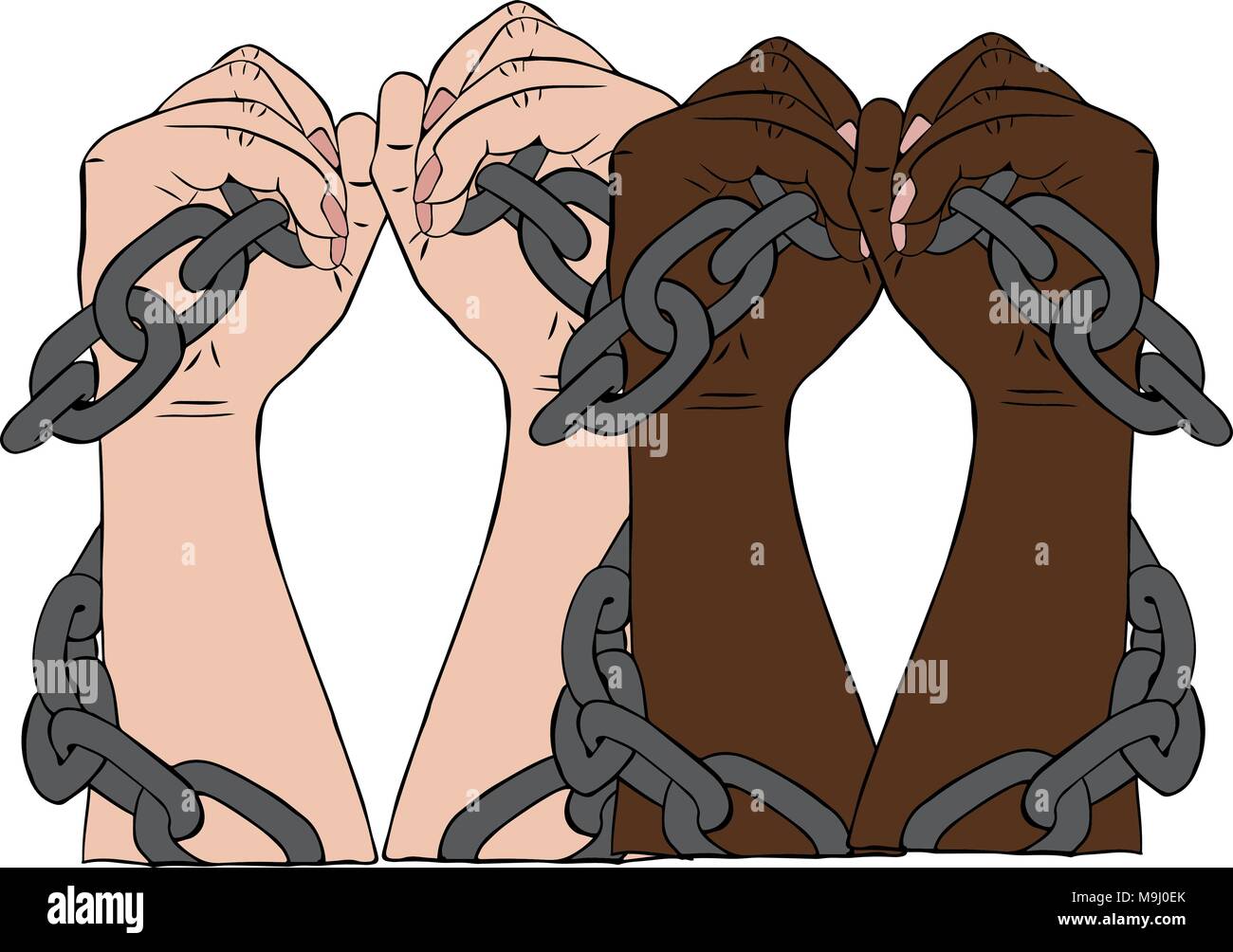 Zwei Paar Hände mit den weißen und schwarzen Haut sind angekettet in einer rostigen Kette auf weißem Hintergrund Stock Vektor