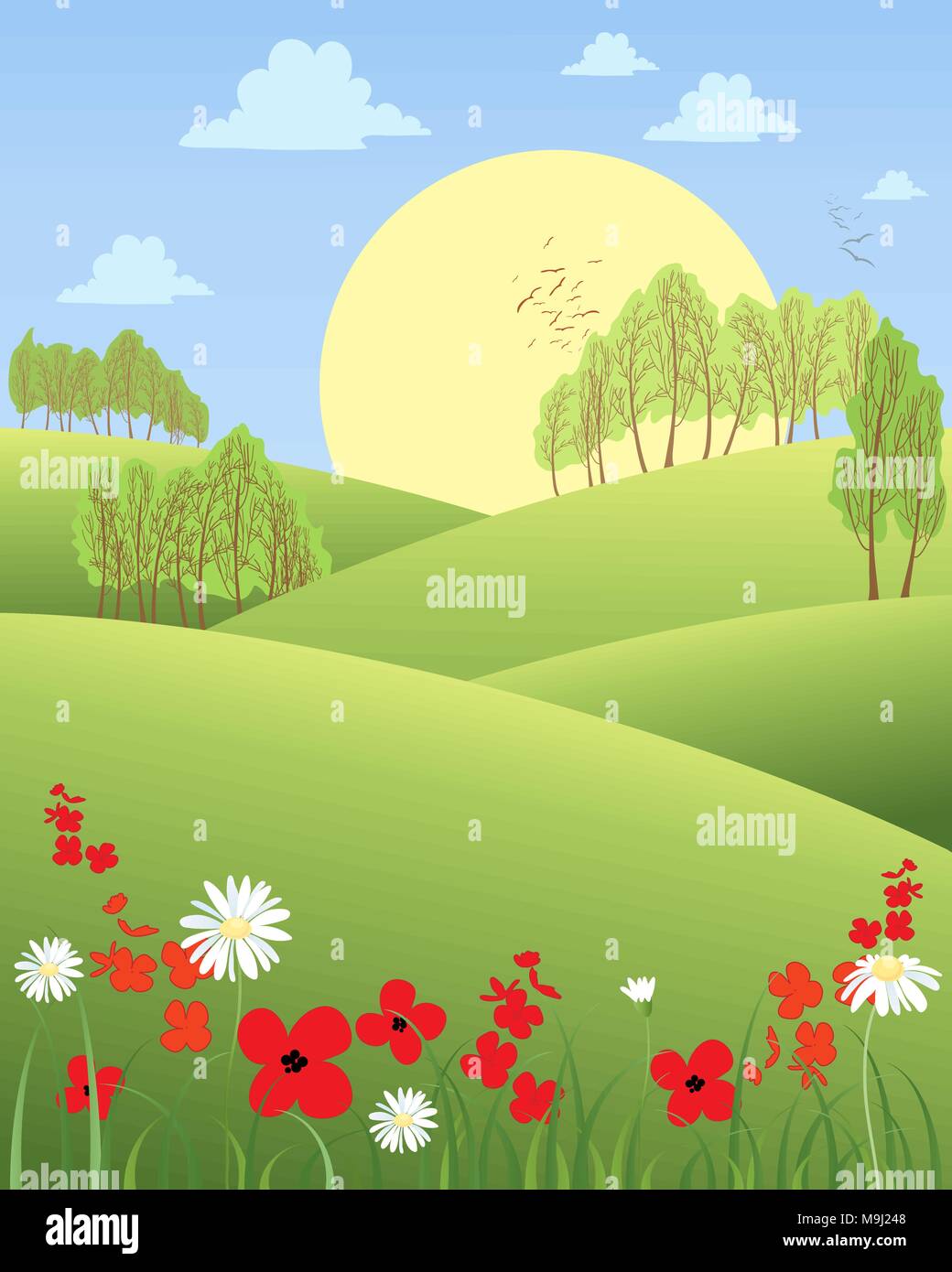 Ein Vektor Abbildung im EPS 10 Format eines ländlichen Sommermorgen mit sanften Hügeln Wildblumen und Bäume mit einem großen gelben Sonne Stock Vektor