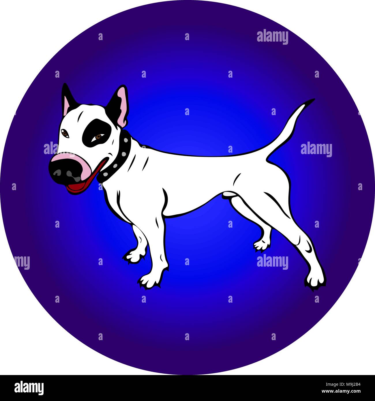 Hand - Weiß lackiert English Bull Terrier Hund, Contour Zeichnung im Cartoon Stil auf einem blauen Hintergrund Stockfoto