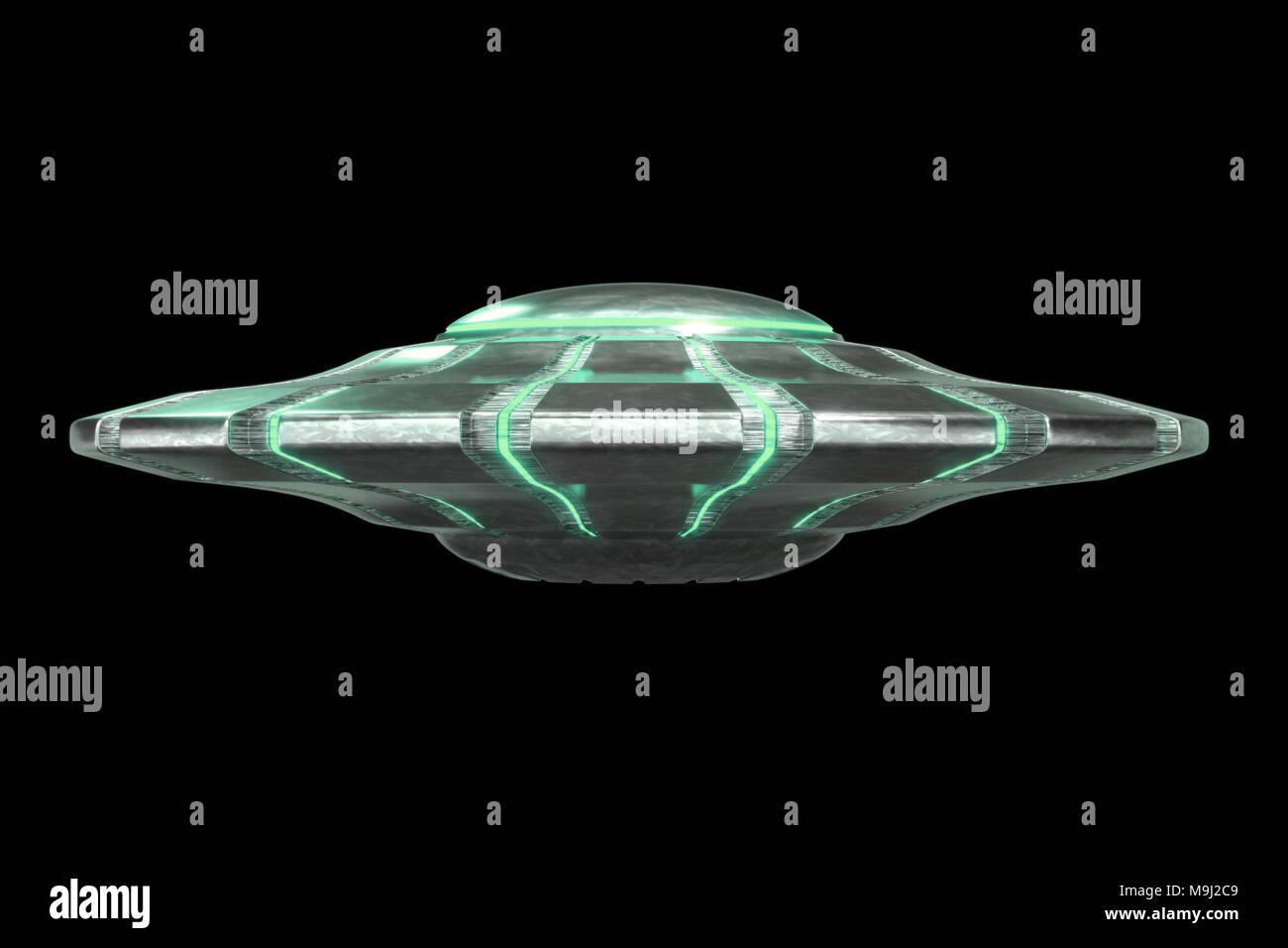 UFO, geheimnisvolle grüne Alien Raumschiff außerirdischer Besucher mit fliegenden Untertasse (3d-science fiction space Rendern auf schwarzem Hintergrund isoliert) Stockfoto