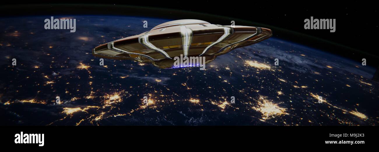 UFO, außerirdisches Raumschiff mit in den Nachthimmel mit city night lights des Planeten Erde (3d-science fiction Platz machen, Banner, Elemente dieses Bild sind Furn Stockfoto