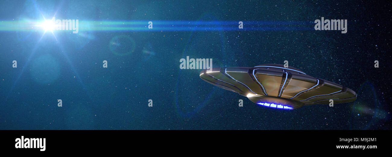 UFO, außerirdisches Raumschiff im Weltall, fliegende Untertasse mit Sternen der Milchstraße (3d-Grafik Banner) Stockfoto
