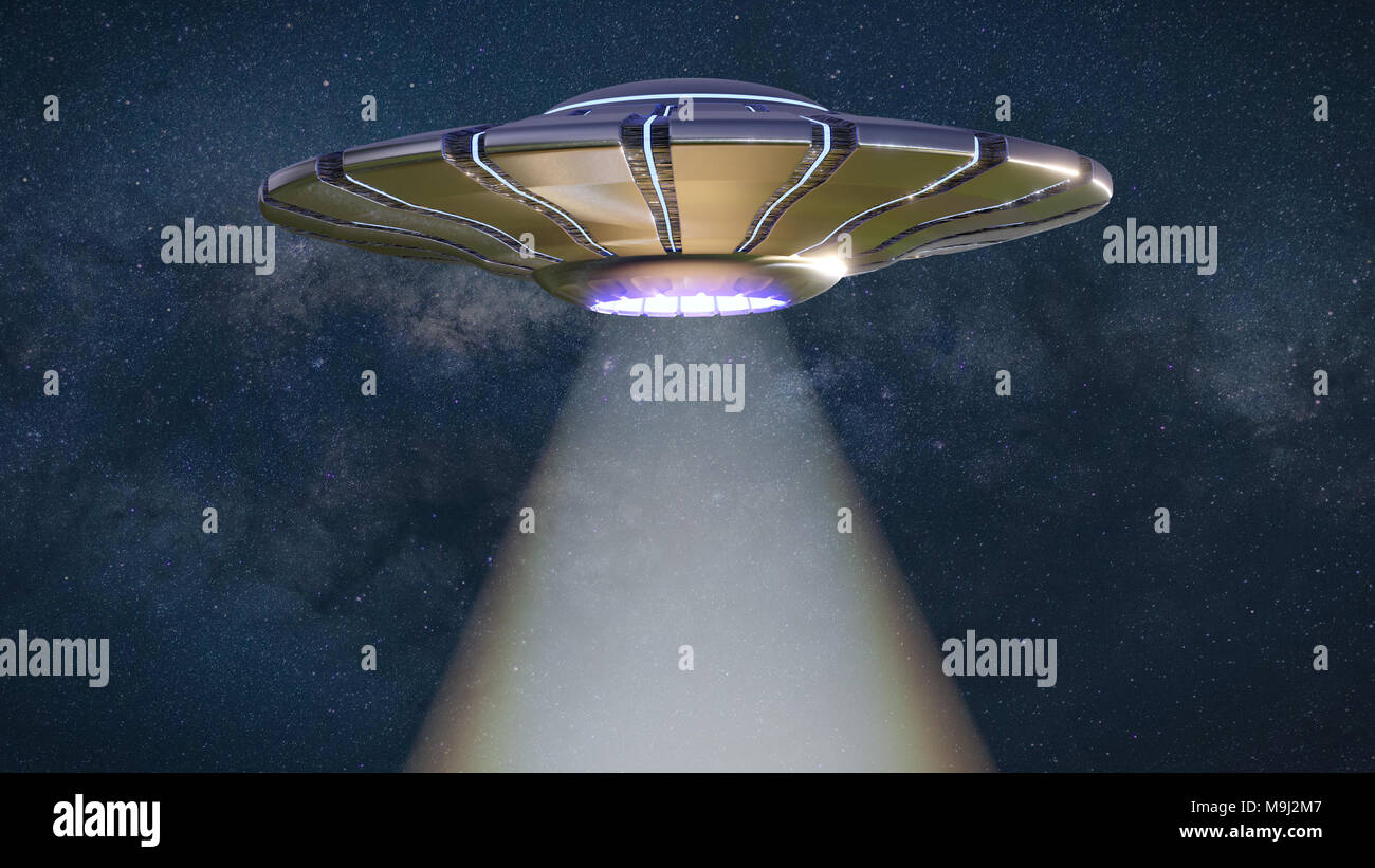 UFO, außerirdisches Raumschiff mit Lichtstrahl im Nachthimmel, fliegende Untertasse mit Blue Star Hintergrund (3D-Rendering) Stockfoto