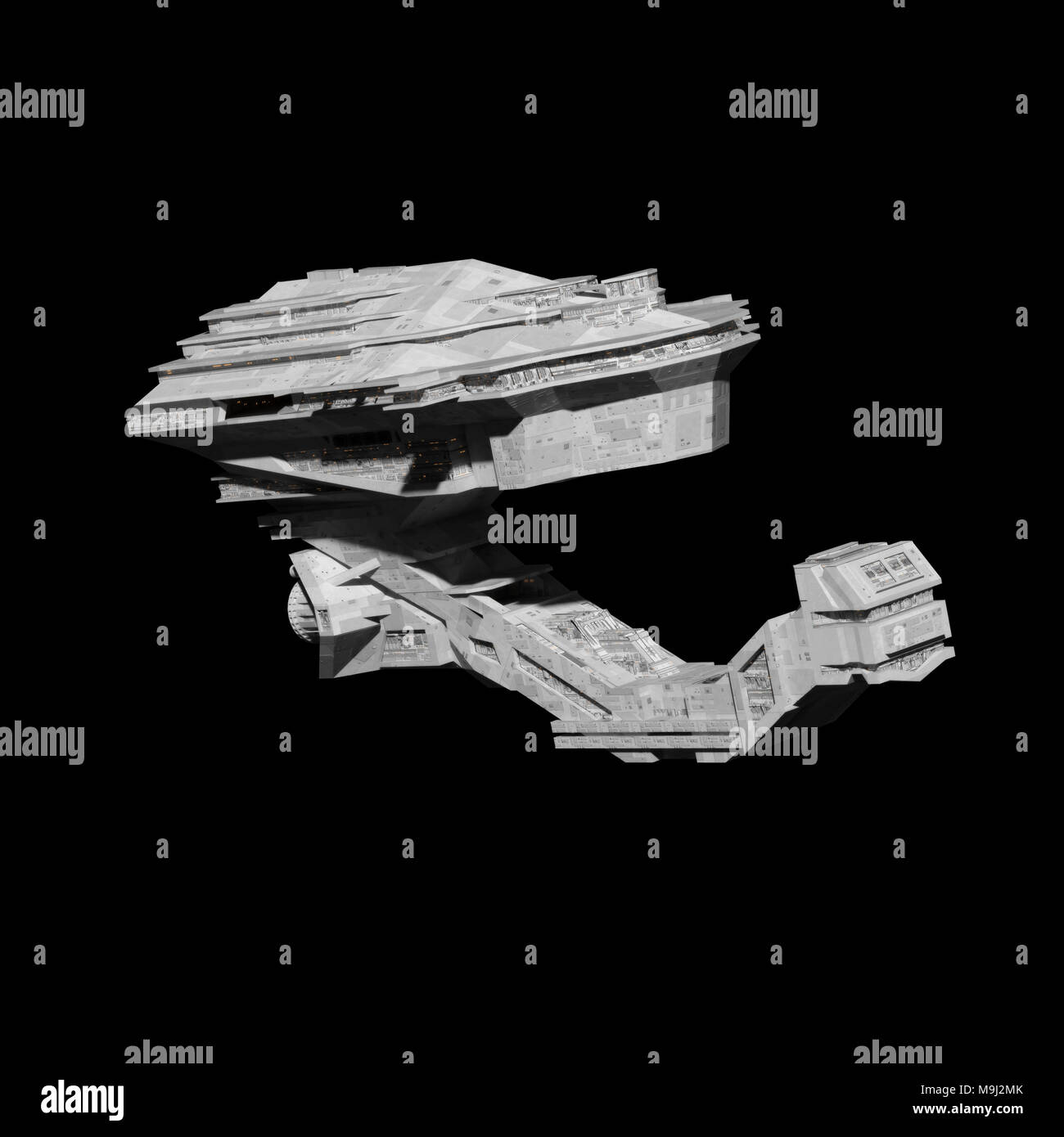 Raumschiff, riesig und sehr detaillierte Starship Reisen im Raum (3d-science fiction Abbildung auf schwarzen Hintergrund isoliert) Stockfoto