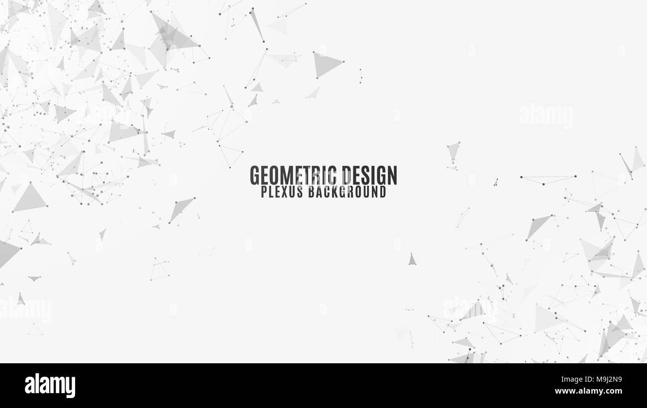 Plexus Hintergrund des Fliegens geometrischen Partikeln auf einem weißen Hintergrund. Dunkle verbunden dreieckige Figuren und Atome. Wissenschaftlicher Hintergrund für Ihre des Stock Vektor
