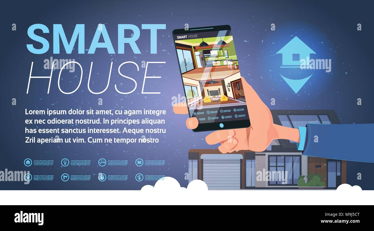 Smart House Hand Smartphone mit Kontrolle Anwendung, moderne Technologie der Home Automation Banner Stock Vektor