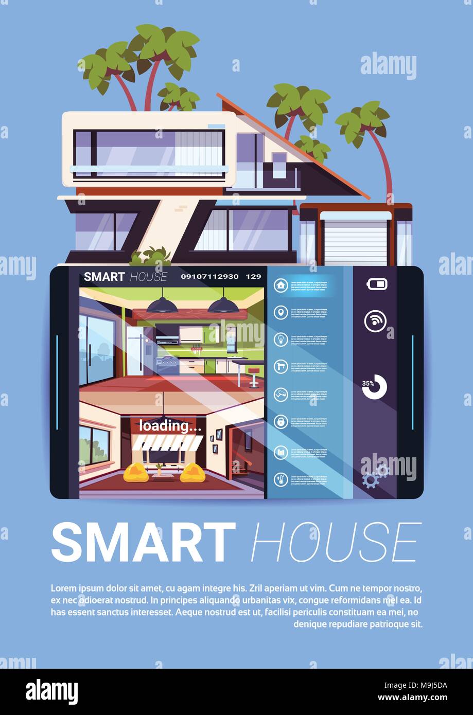 Smart House Schnittstelle auf Digital Tablet, moderne Technologie Der Home Control- und Sicherheitskonzept Stock Vektor