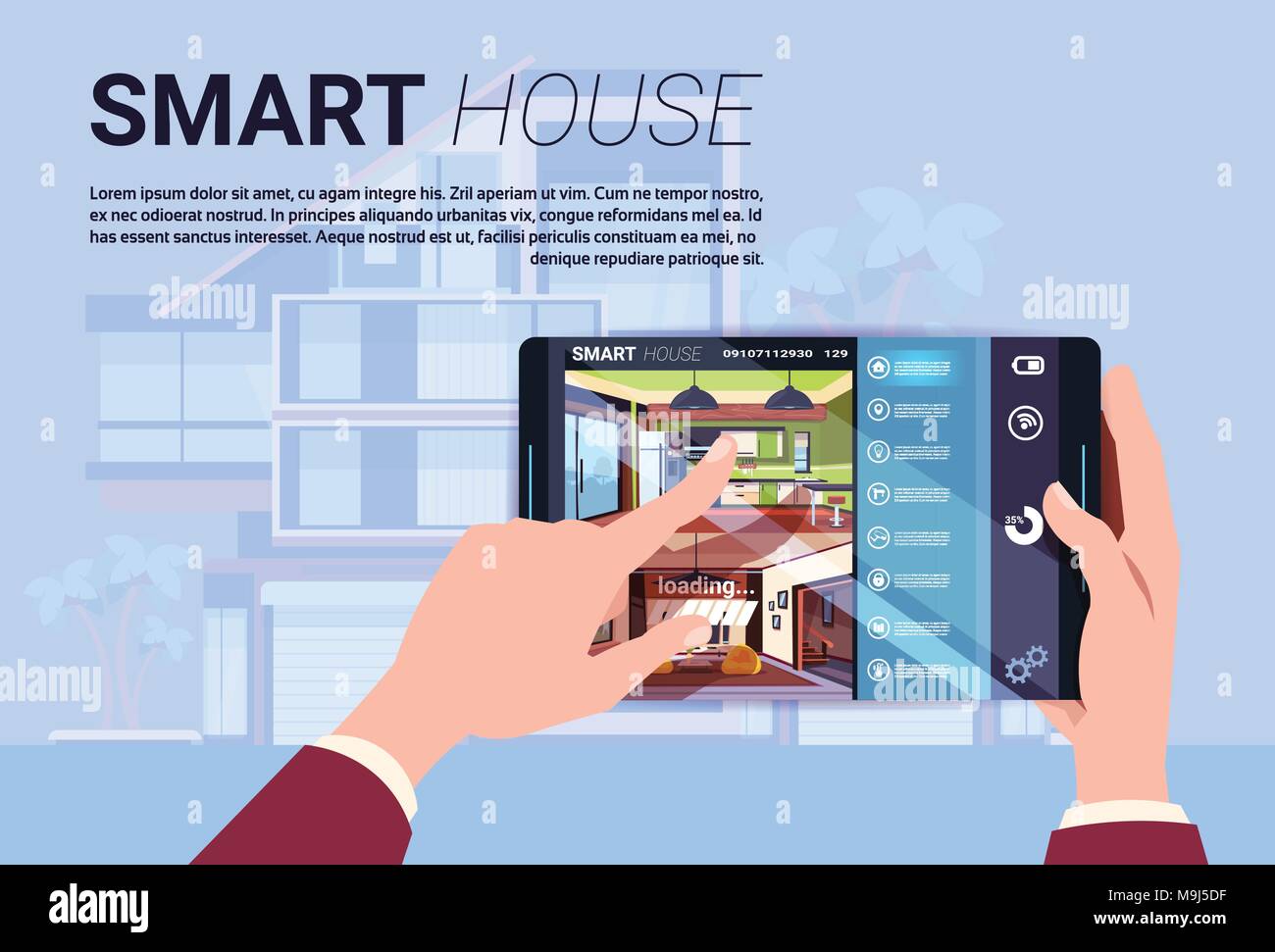 Hand Digital Tablet mit Smart Home Interface, moderne Technologie des Hauses Automatisierungskonzept Stock Vektor
