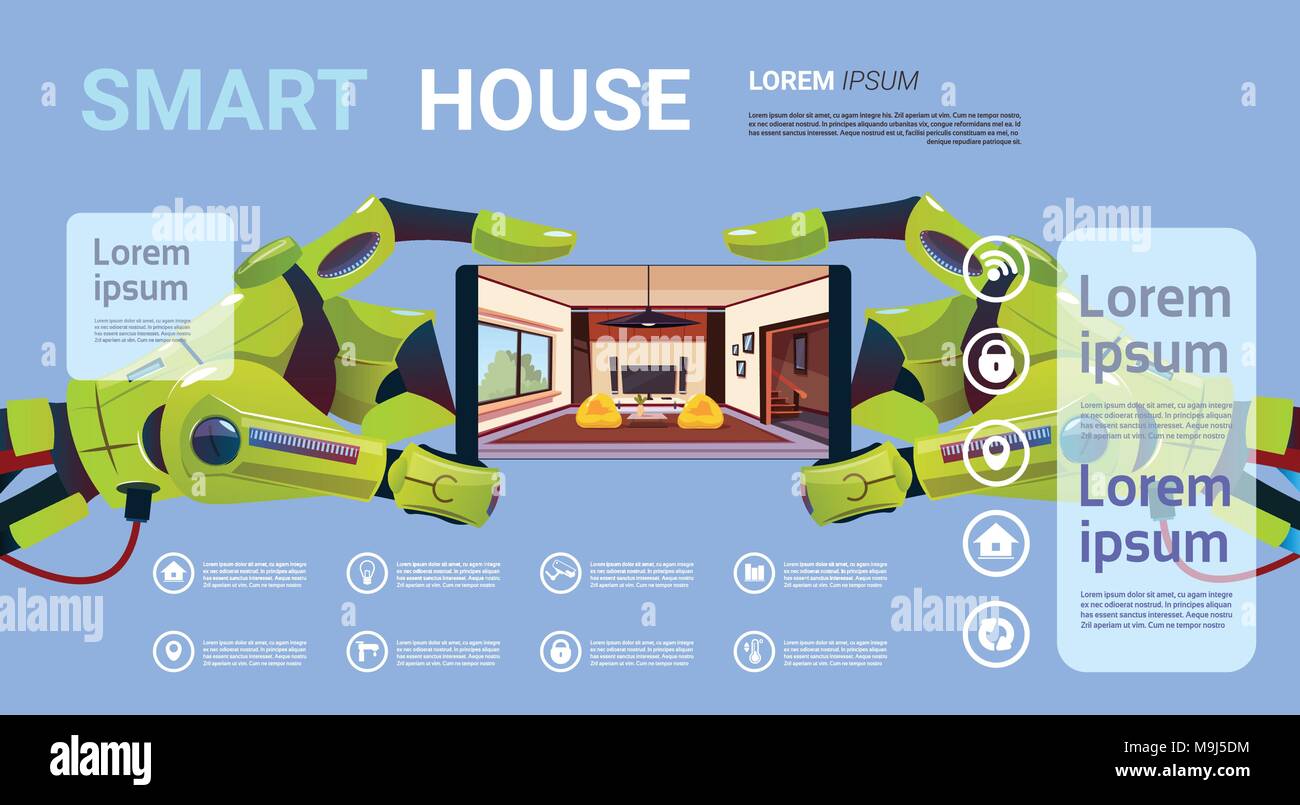 Robotic Hand Smartphone mit Smart House Monitoring Interface Technologie der Home Management Konzept Stock Vektor