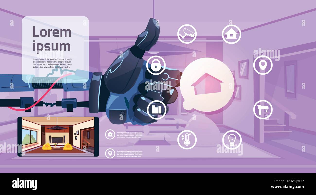 Roboter Hand Daumen hoch über Smart House Monitoring Interface Technologie der Home Management Konzept Stock Vektor