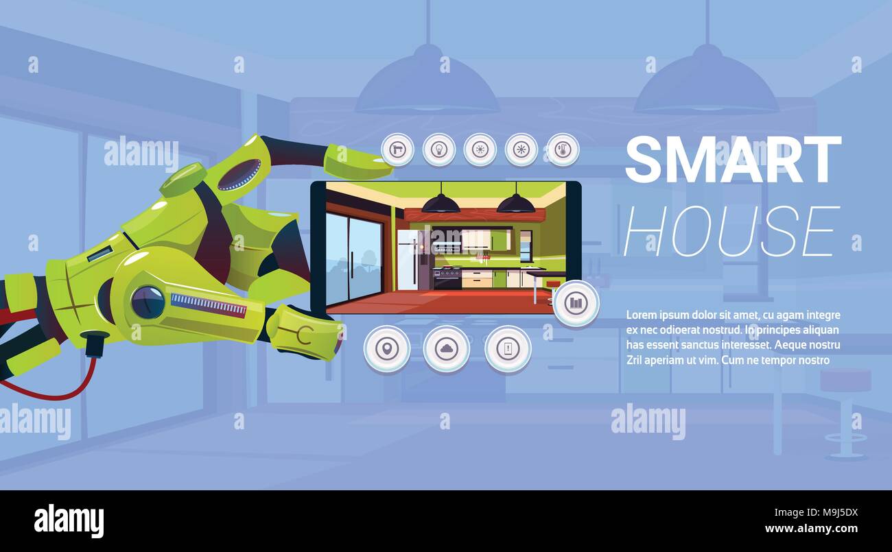 Robotic Hand Smartphone mit Smart House Control Interface, moderne Technologie der Home Automation Konzept Stock Vektor