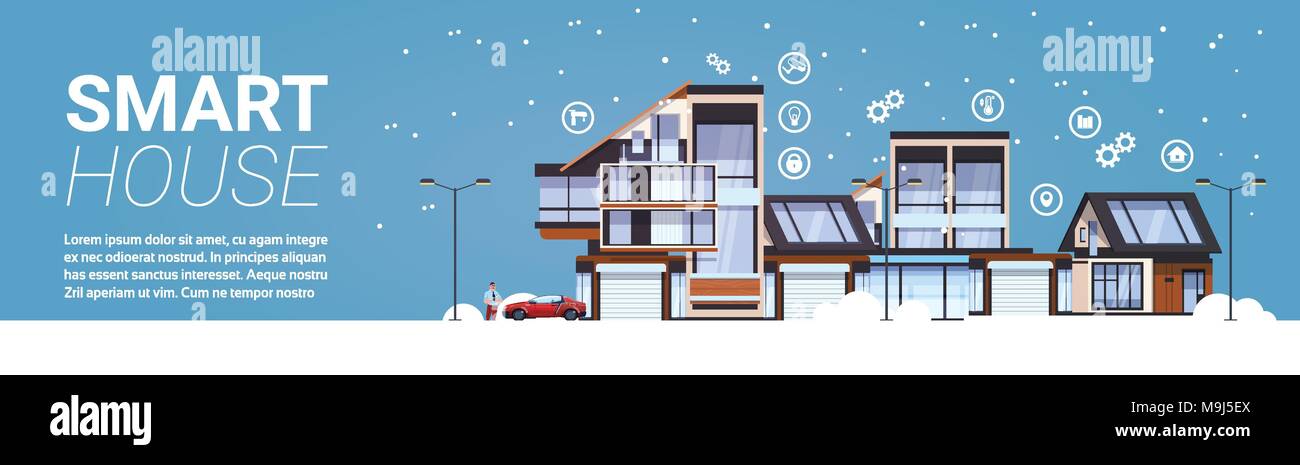 Smart House Technology Home Automation Konzept Vorlage Infografik horizontale Banner Stock Vektor