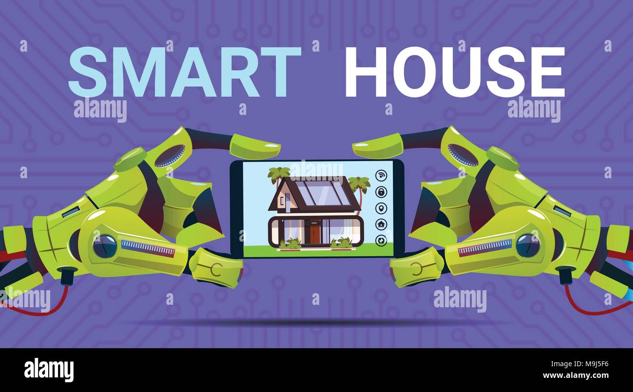 Robotic Hände halten Digitale Tablet mit Smart House Monitoring Interface Technologie der Home Automation Konzept Stock Vektor