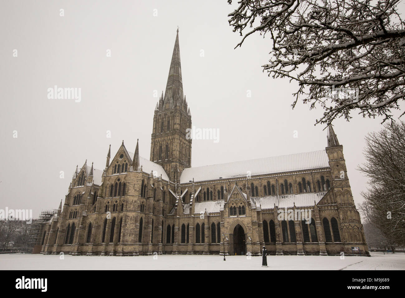 Im späten Winter Schnee decken die Stadt Salisbury, der nur die Domstadt in die Landschaft von England, der Grafschaft Wiltshire, Vereinigtes Königreich Stockfoto